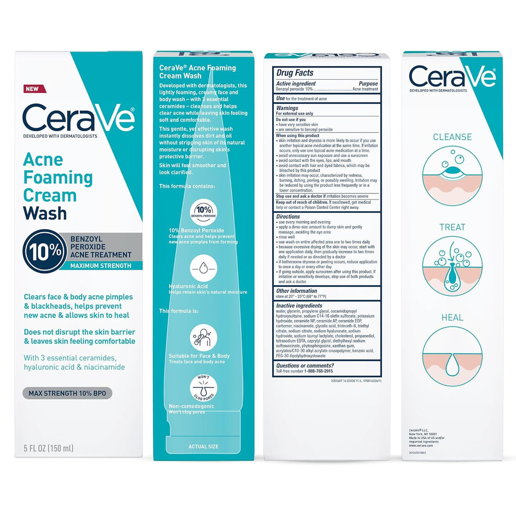 CeraVe Acne Foaming Cream Wash with 10% Benzoyl Peroxide. Treats breakouts on face & body, gentle with Niacinamide & Hyaluronic Acid.