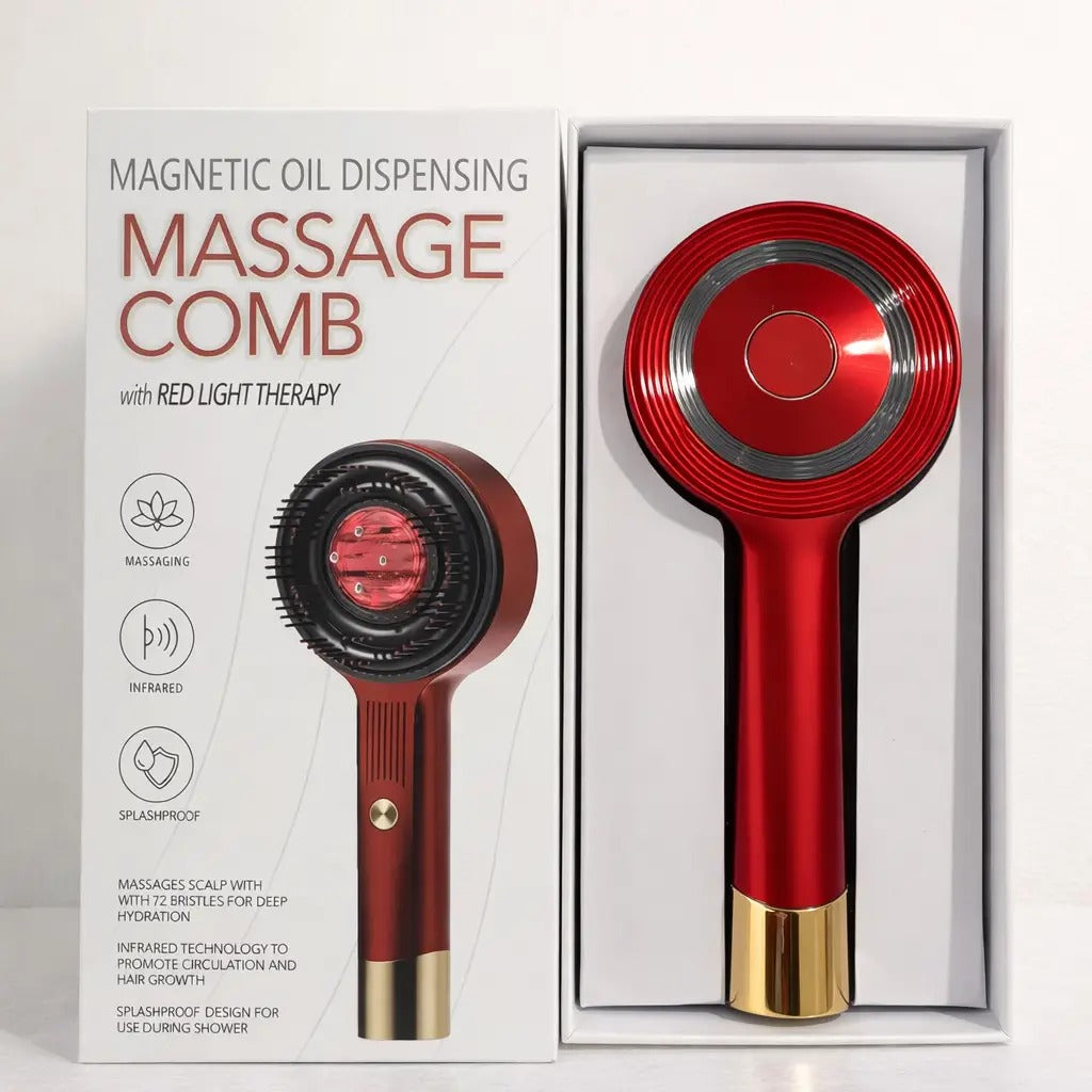 Red Infrared Scalp Massager Comb with LED Light Therapy. USB rechargeable electric head massage brush for hair growth & fall control.