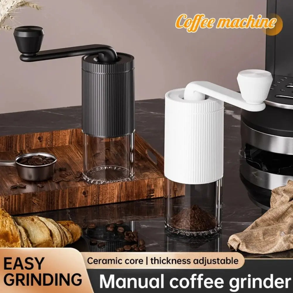 Portable Coffee Grinder with Ceramic Conical Burr. Double bearing internal adjustment for espresso, French press & pour over. 25g capacity.