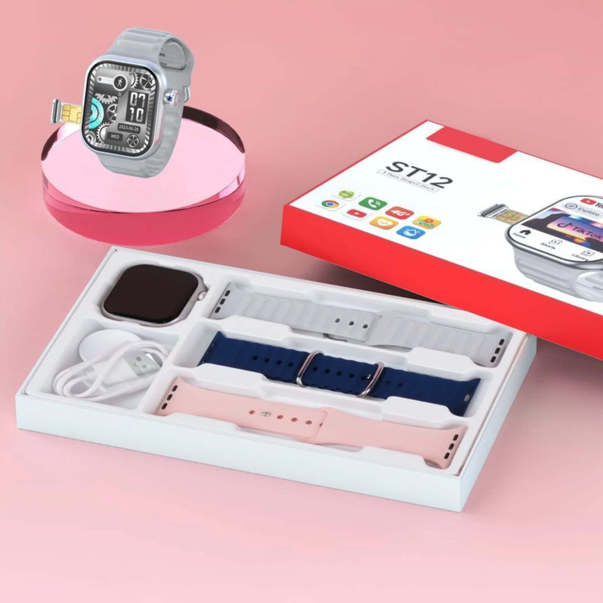 ST12 Smart Watch - 2.2" Full Screen, 4G SIM Support, 3 Straps + Wireless Charger (Multi-Color) for Men & Women
