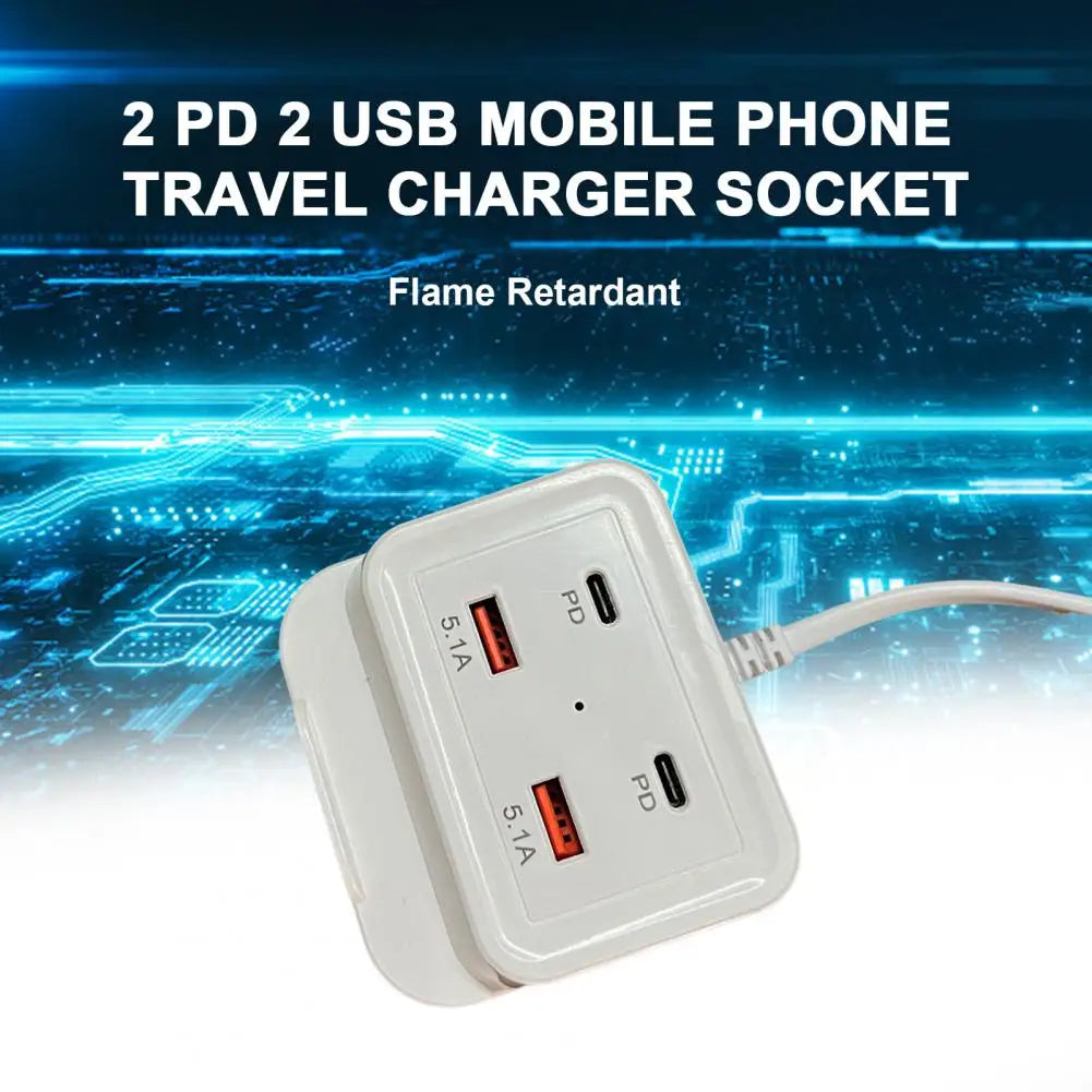 Intelligent USB Power Strip Plug with Dual PD & Dual USB Ports - 5.1A Multi-Port Fast Charging Power Supply | US/EU Plug, 4 USB Output Ports for Safe Charging | 100cm Wear-Resistant Extension Cable competible for iPhone, Android & Other Digital Devices