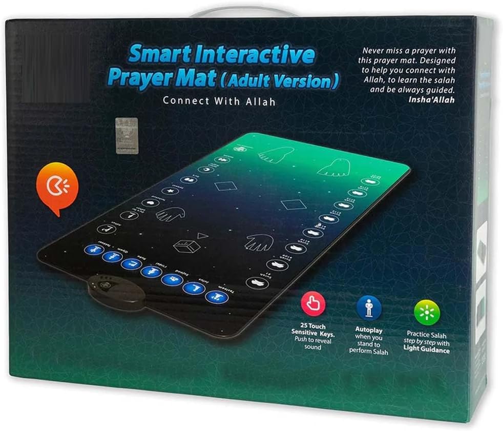 Smart Interactive Prayer Mat for Adults & Reverts. 25 touch keys, speaker & padded layer for learning Salah, Surahs & Duas. Ages 8+
