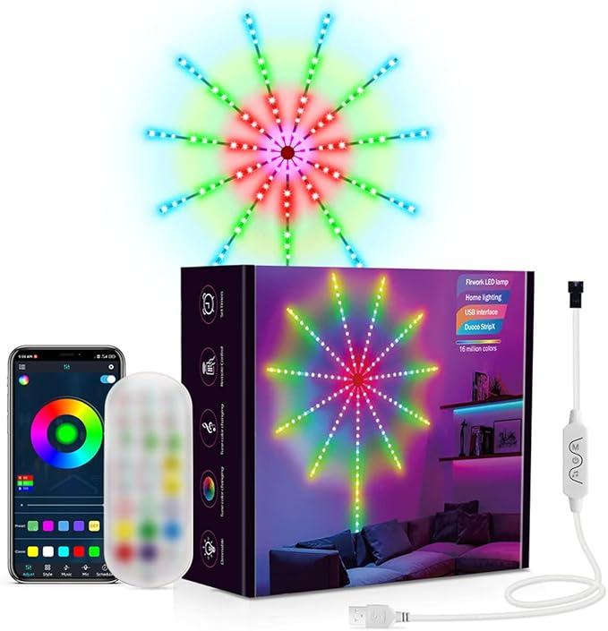 Smart Firework| USB Powered Room Decor | Color Changing Fireworks LED with Launch Burst Effect & RGB Strip Lights for Bedroom | Remote & App Control