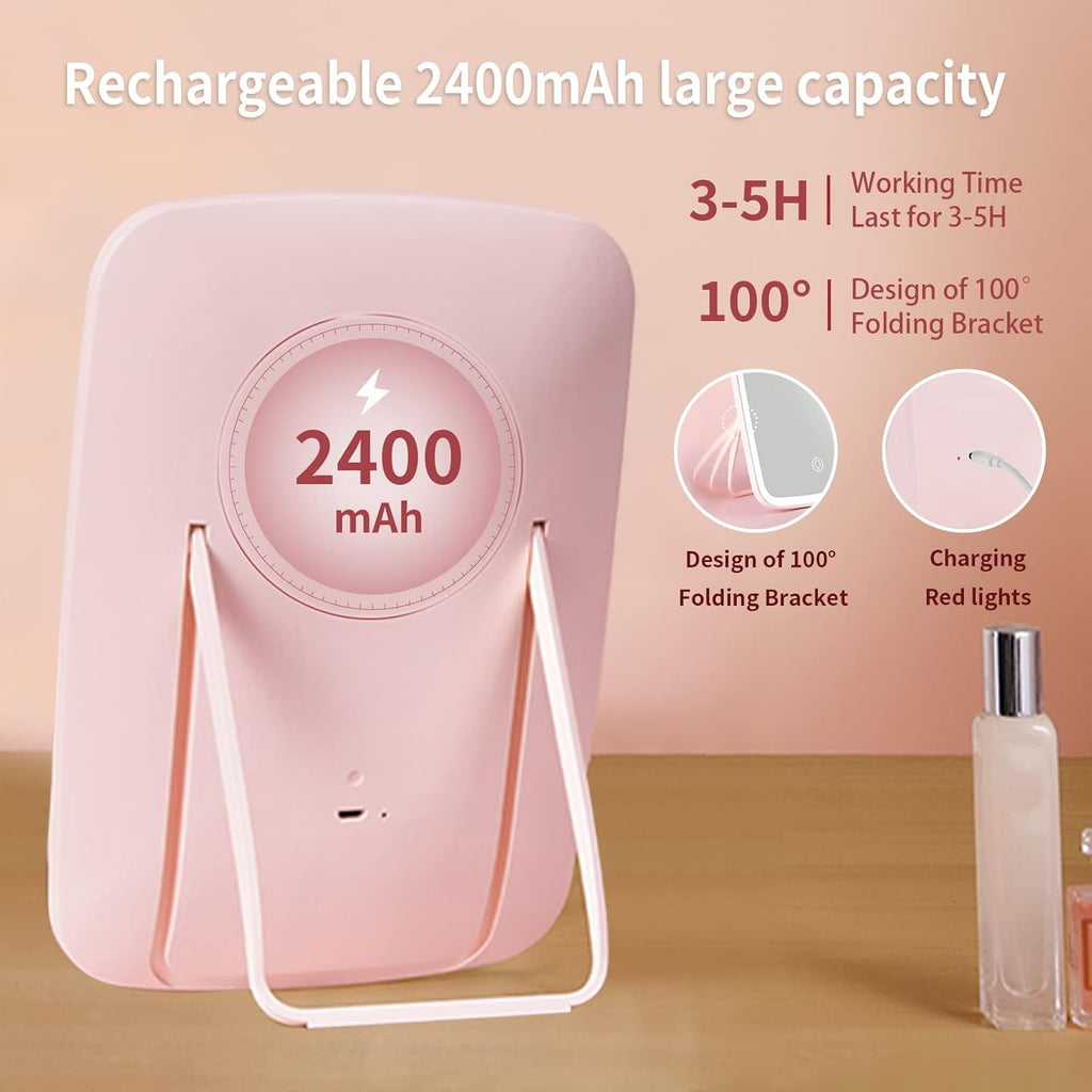 Makeup Vanity Mirror with 42 LED Lights, Touch Control, 3 Color Lighting, USB Rechargeable 2400mAh Battery, Portable Travel Mirror - Pink