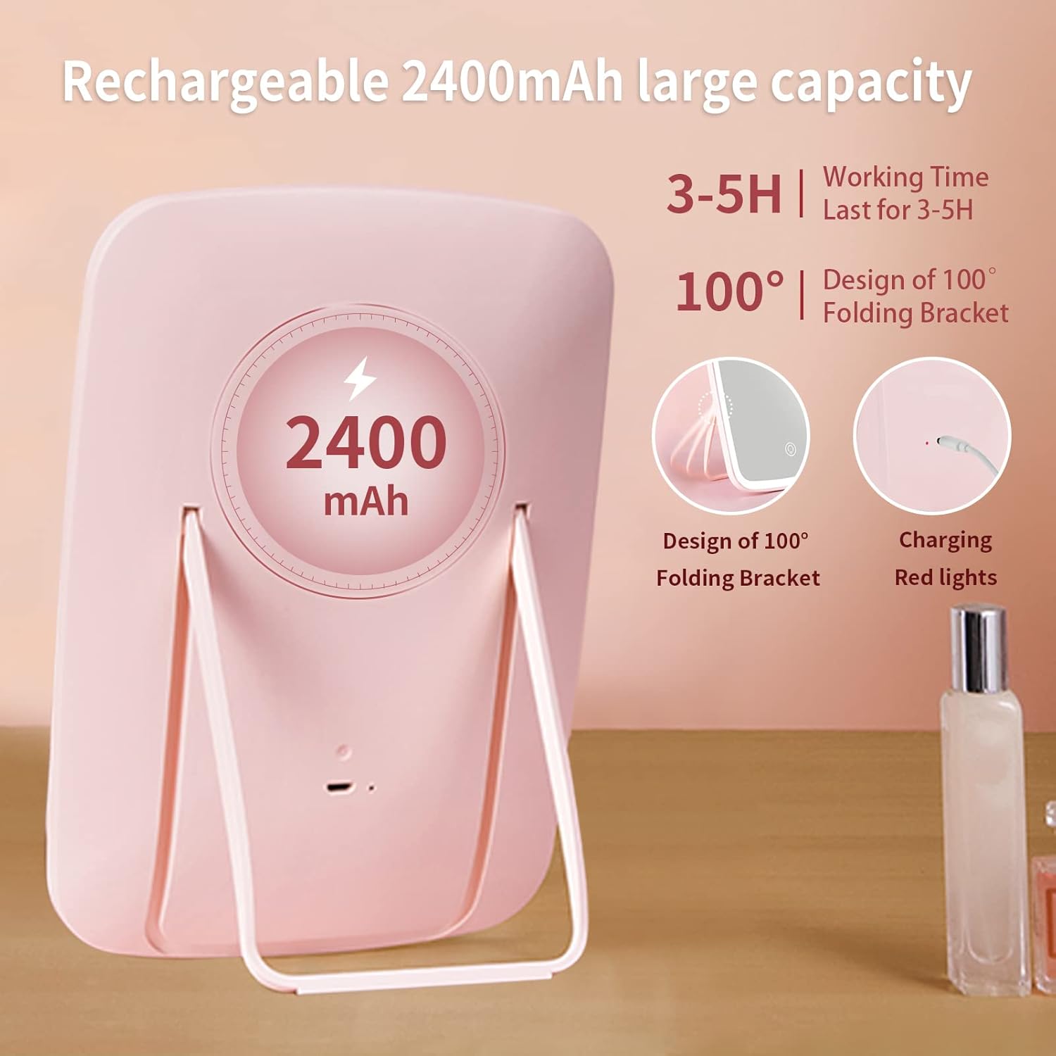 Makeup Vanity Mirror with 42 LED Lights, Touch Control, 3 Color Lighting, USB Rechargeable 2400mAh Battery, Portable Travel Mirror - Pink