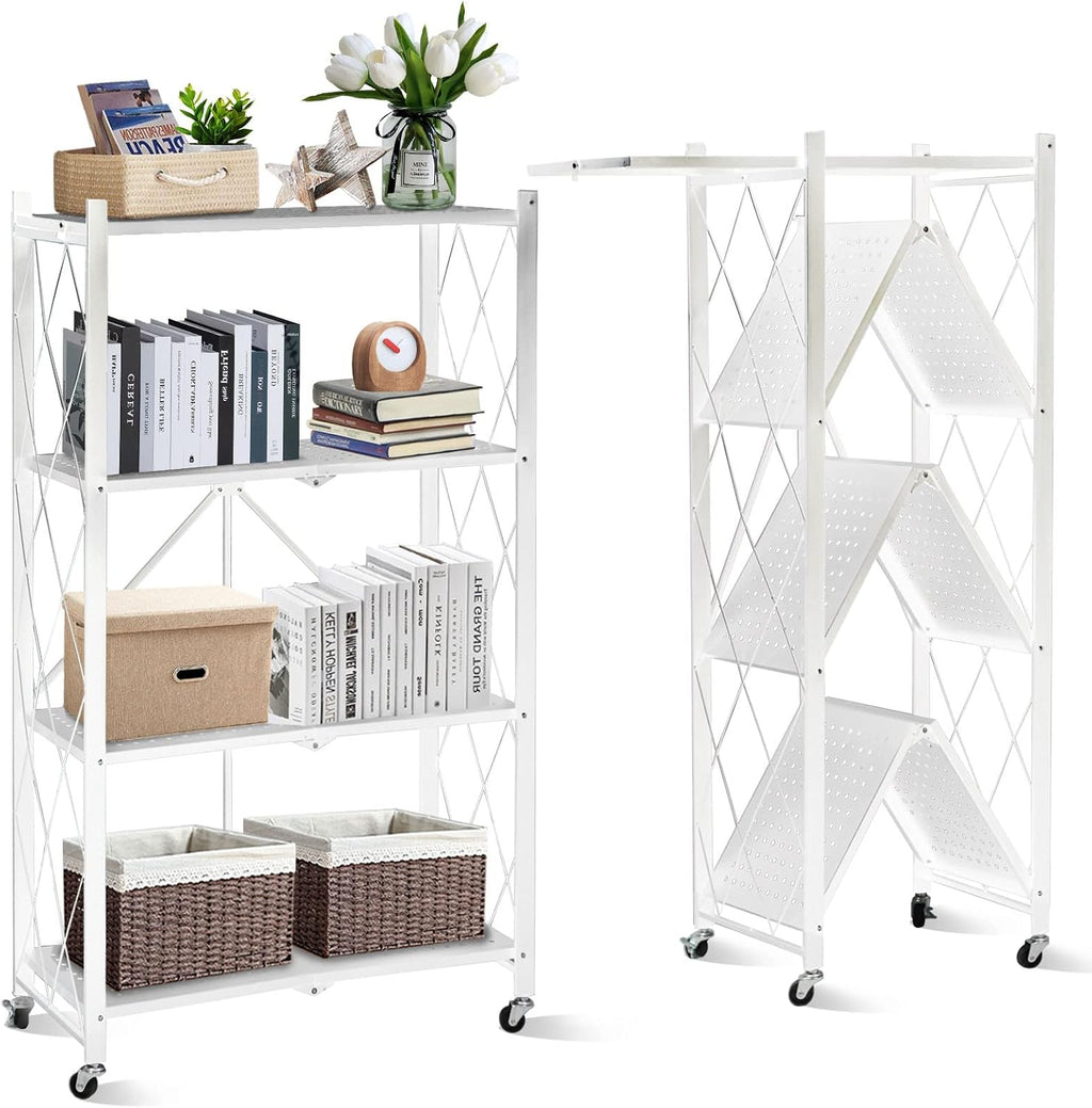 4-Layer White Mobile Folding Kitchen Storage Rack – No-Installation, Thickened Multi-Purpose Shelf (White)