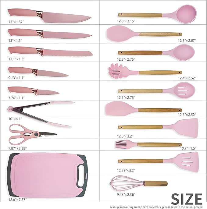 19-Piece Silicone Cooking Utensils & Knife Set with Block | Includes 11 Silicone Utensils, 5 Stainless Steel Knives, Scissors, Cutting Board | Pink