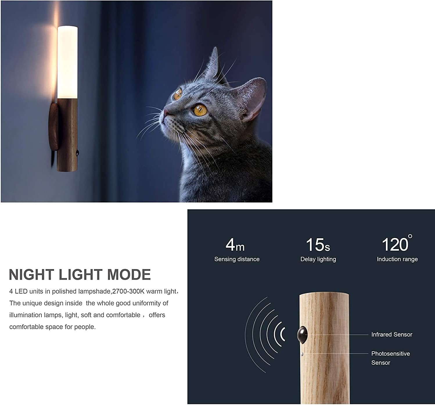 Motion Sensor Night Light with 4M Sensing Distance. Handheld portable smart LED light in walnut wood & glass. Stick anywhere.(1 Pcs)