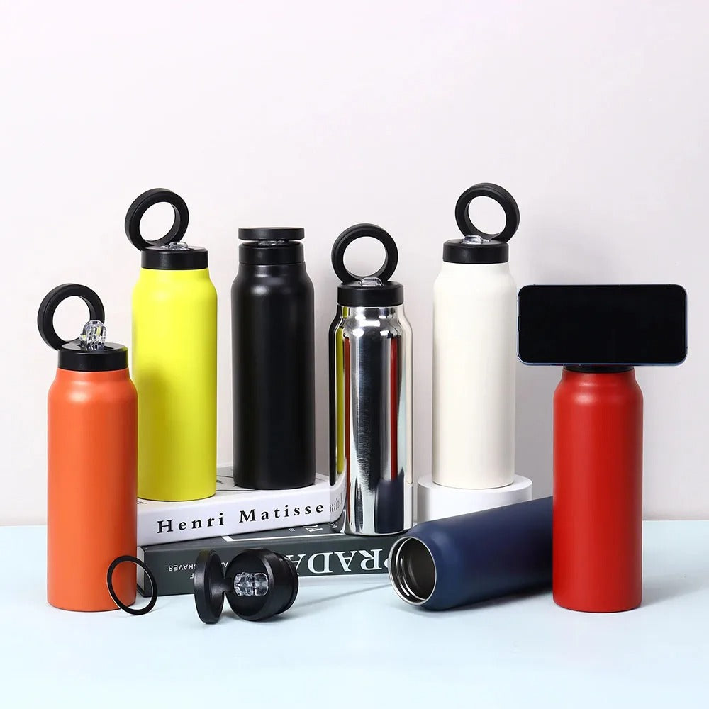 Stainless Steel Magnetic Vacuum Flask | Sports Water Bottle & Mobile Phone Holder | Portable Outdoor Thermal Insulation Cup