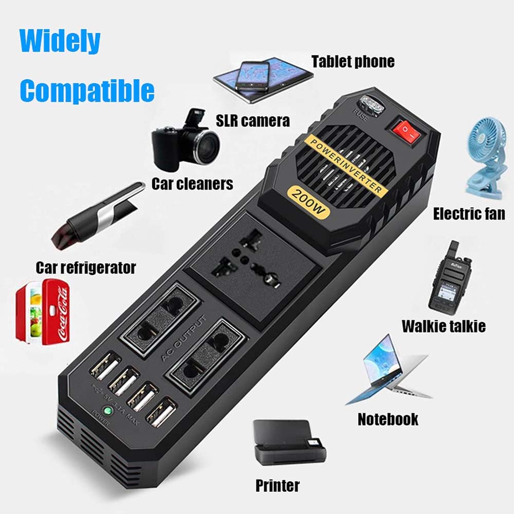 200W Car Power Inverter - DC 12V to AC 220V Converter with 2 AC Outlets, 4 USB Ports & Cigarette Lighter Socket