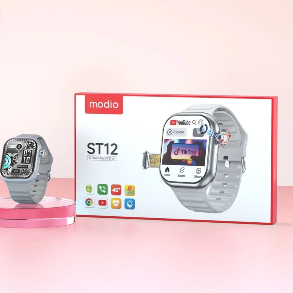 ST12 Smart Watch - 2.2" Full Screen, 4G SIM Support, 3 Straps + Wireless Charger (Multi-Color) for Men & Women