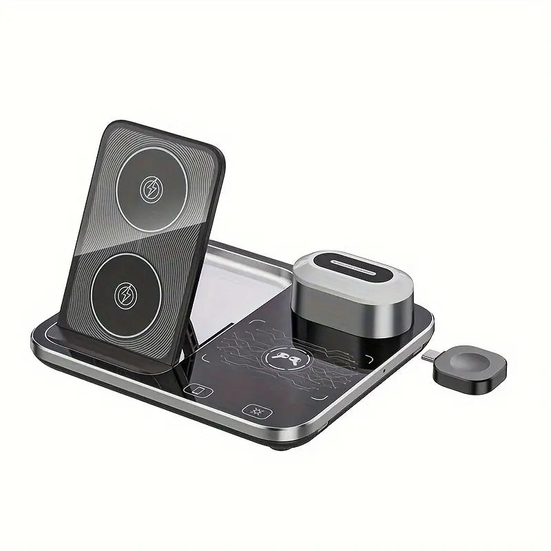 R12 Desktop Wireless Charger – 4-in-1 Automatic Lifting Station with RGB Light Effects and Sound-Controlled Lights