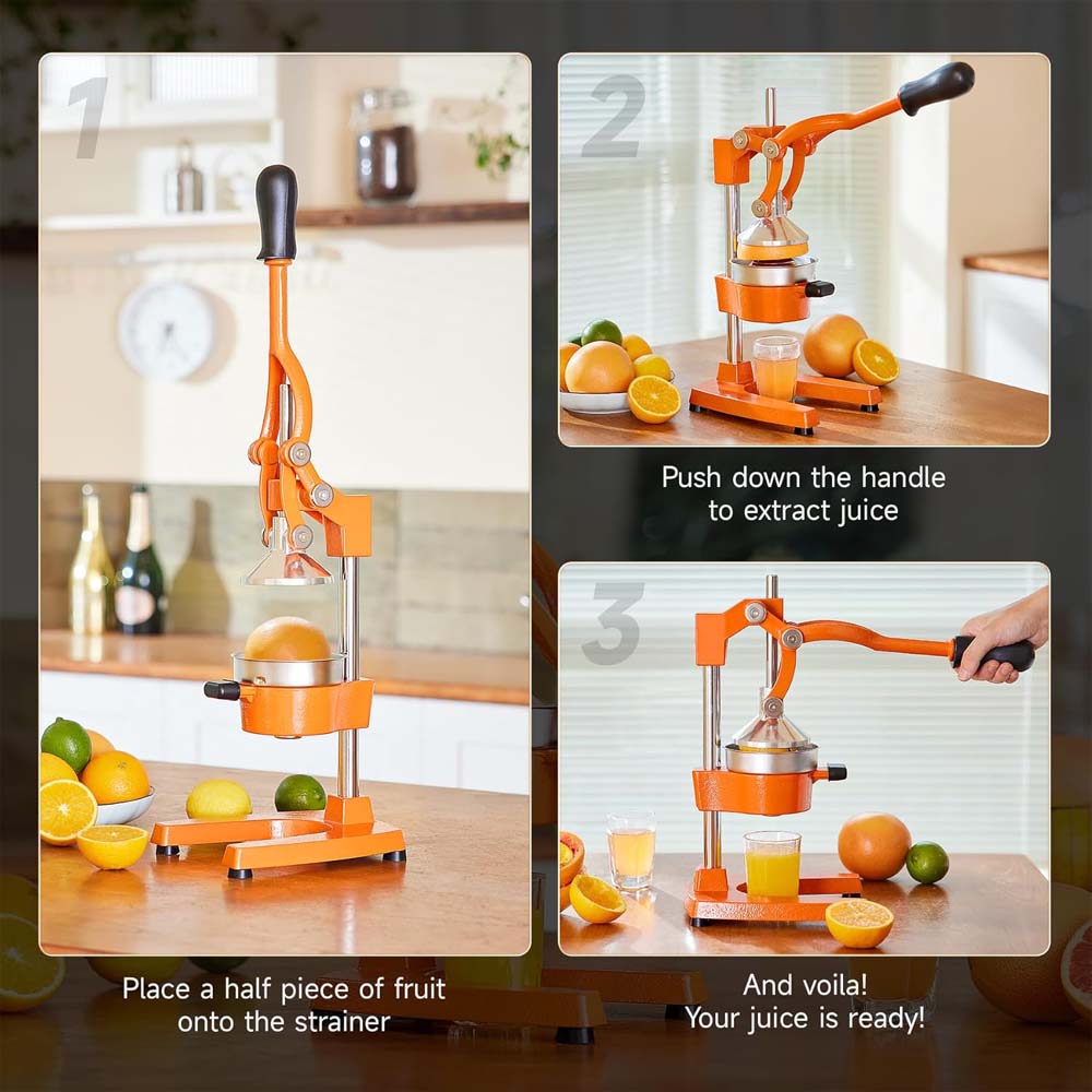 Hand Press Manual Citrus Juicer. Professional orange juicer & lemon squeezer for fresh juice. Easy to clean commercial-grade press.
