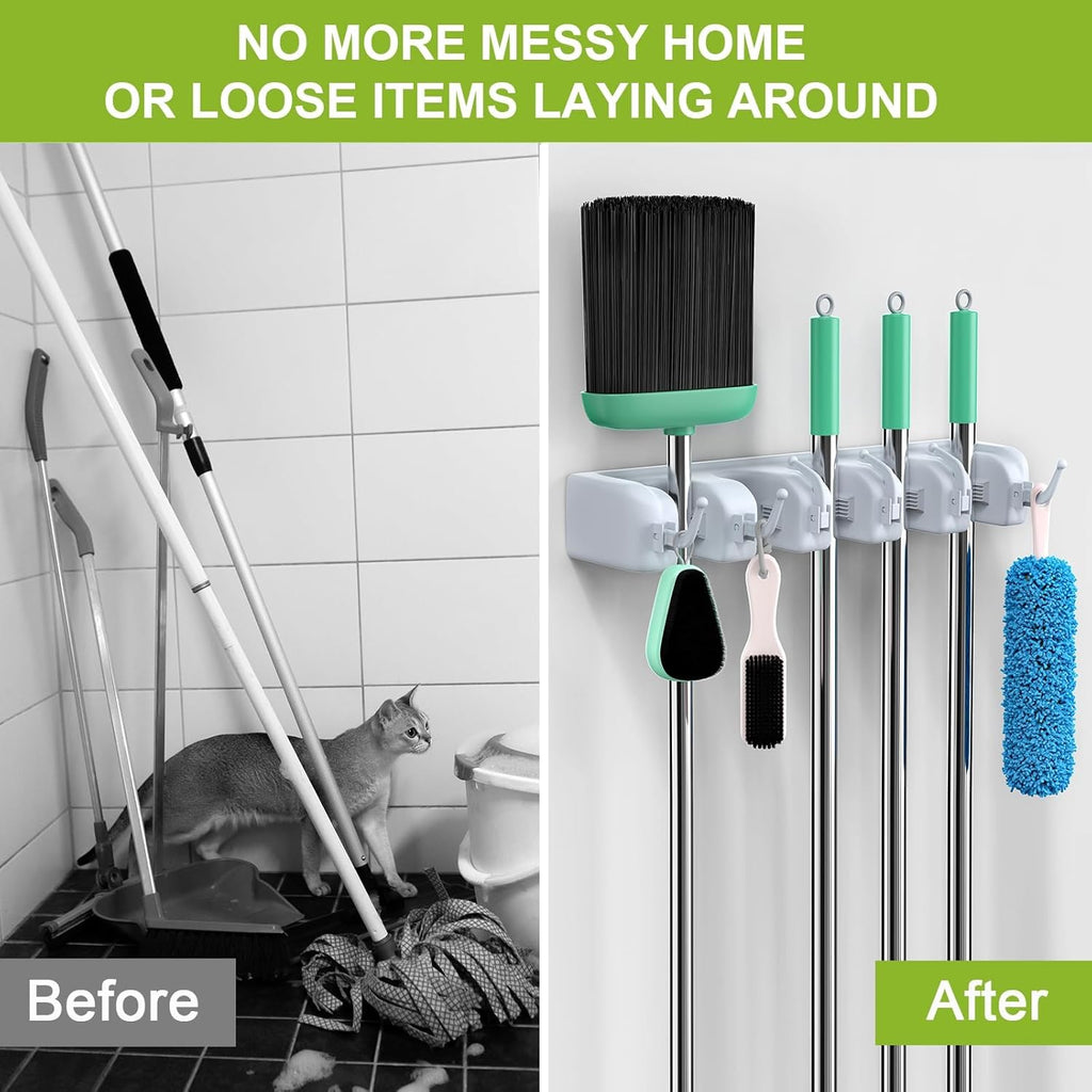 Tool Holder with Wax Handlebar | Wall-Mounted Mop Holder with 6 Hooks & 5 Quick-Release Clamps | Organize Mops, Brooms, and Tools