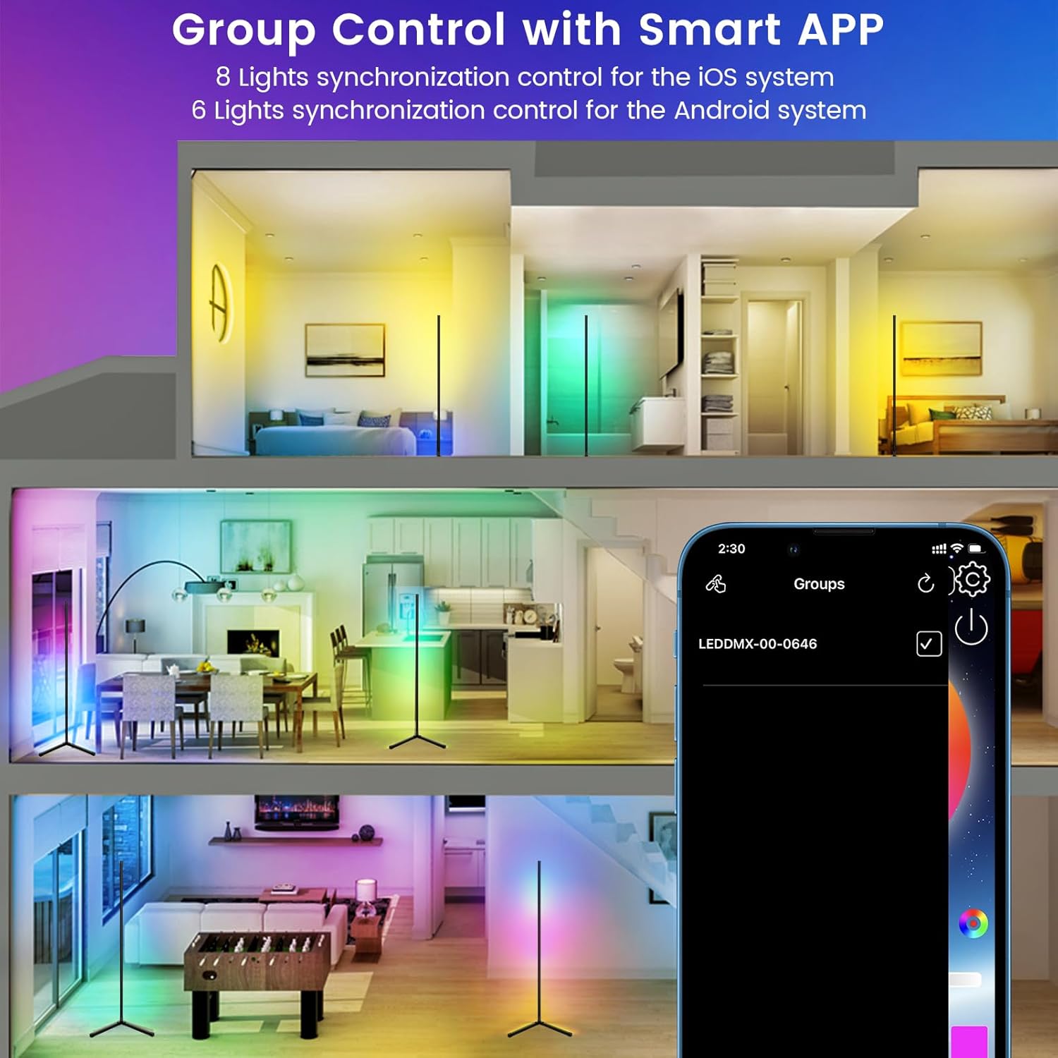 Smart RGB LED Floor Lamp, 62.2” Corner Light with APP & Remote Control, Music Sync & Timer, Modern Color-Changing Mood Lighting for Living Room, Bedroom, Gaming Room