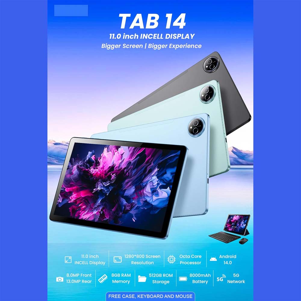 New TAB 14 Tablet – 11.0 Inch IPS LCD, 8GB RAM, 512GB ROM, 5G Network, 8000 mAh Battery, 8MP Front + 13MP Rear Camera, Octa Core 2.0 GHz, Android 14, Includes Keyboard, Touch Pen, Mouse