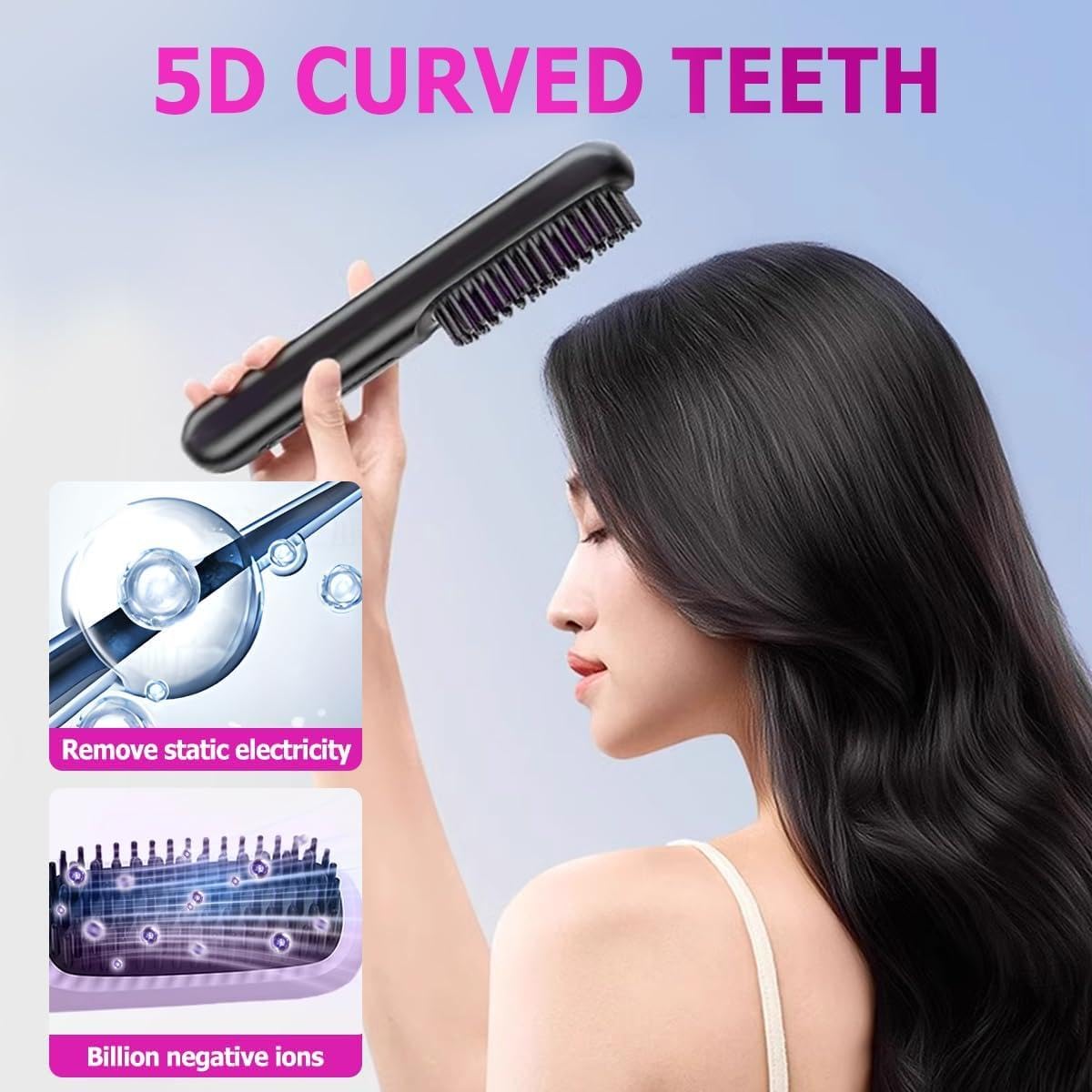 Cordless Hair Straightener Brush. USB rechargeable mini hot comb with negative ions, LED display & travel-safe design Pink -Colour