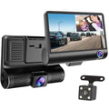 DX3618 3-Channel Car Dashcam. 4" HD display with front, rear & inside cameras. Loop recording, night vision & G-sensor.