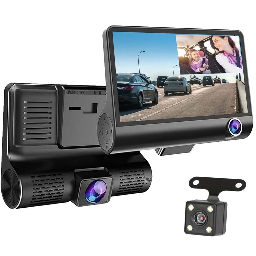 DX3618 3-Channel Car Dashcam. 4" HD display with front, rear & inside cameras. Loop recording, night vision & G-sensor.