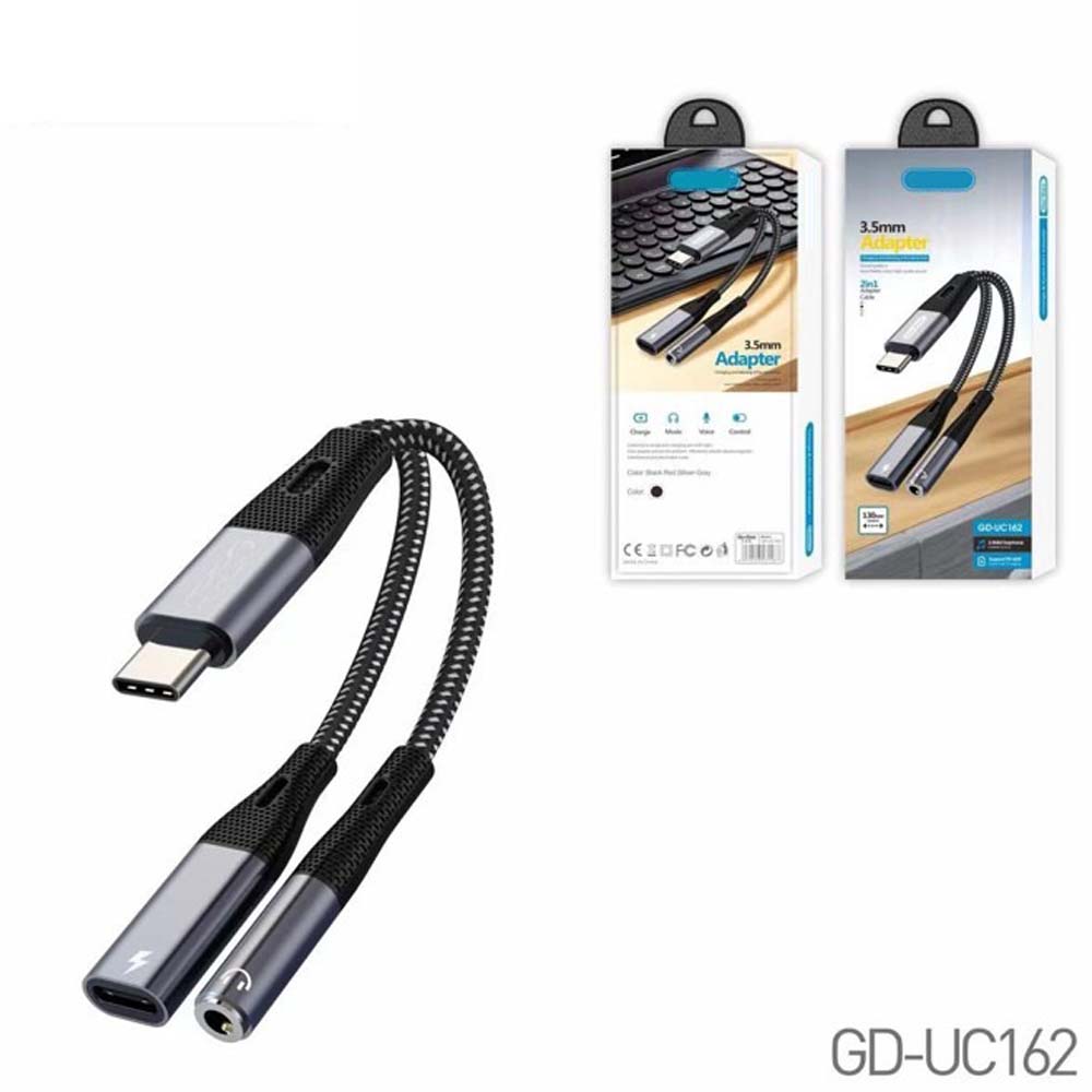 GD-UC162 Type-C to 3.5mm 2-in-1 Adapter. Nylon braided cable with PD 60W fast charging & lossless audio for headphones.