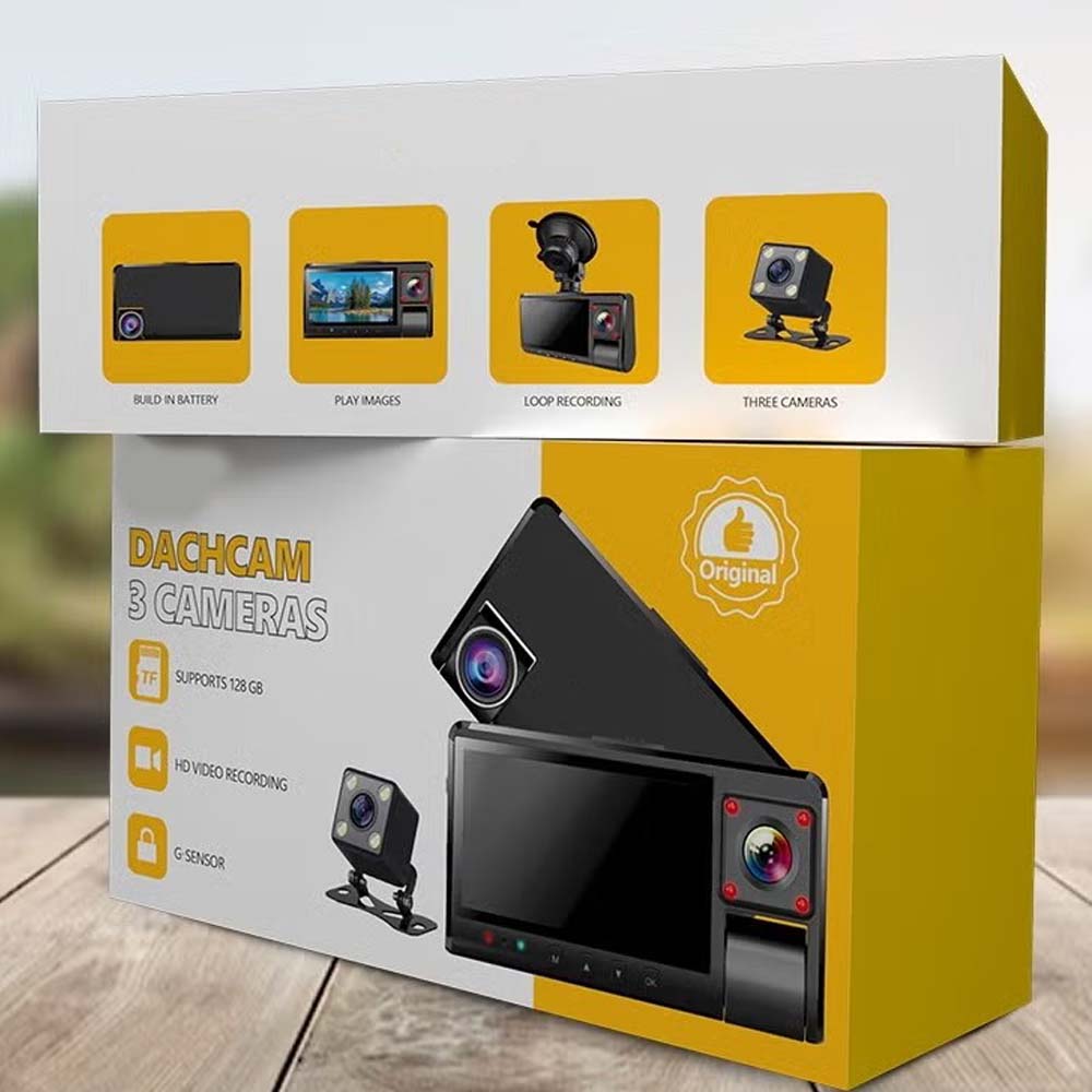 DX-3617 3-Channel Dash Cam. Front, rear & interior recording with WiFi app control, night vision & parking mode.