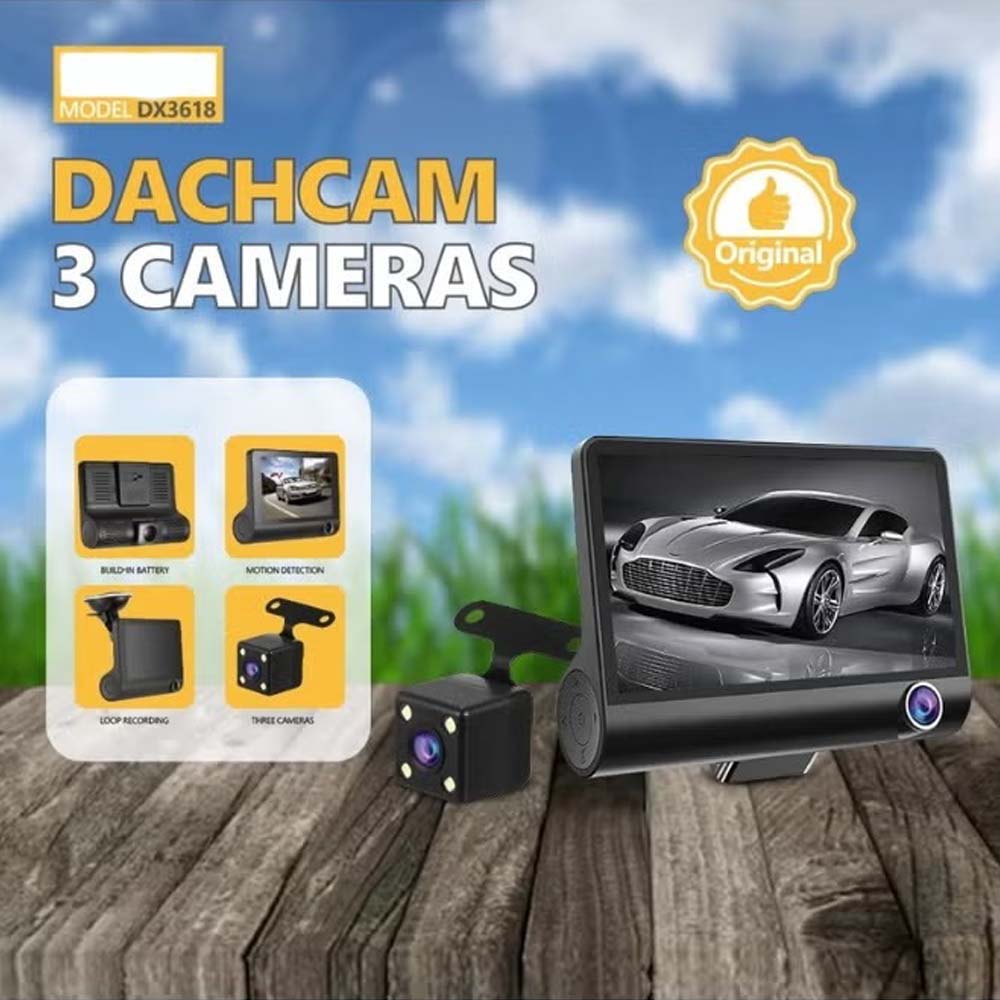 DX3618 3-Channel Car Dashcam. 4" HD display with front, rear & inside cameras. Loop recording, night vision & G-sensor.