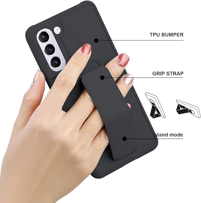 Slim Protective Case for Samsung Galaxy S21 to S24 Plus 5G (6.7 Inches) | Leather Hand Strap Holder & Kickstand | Black