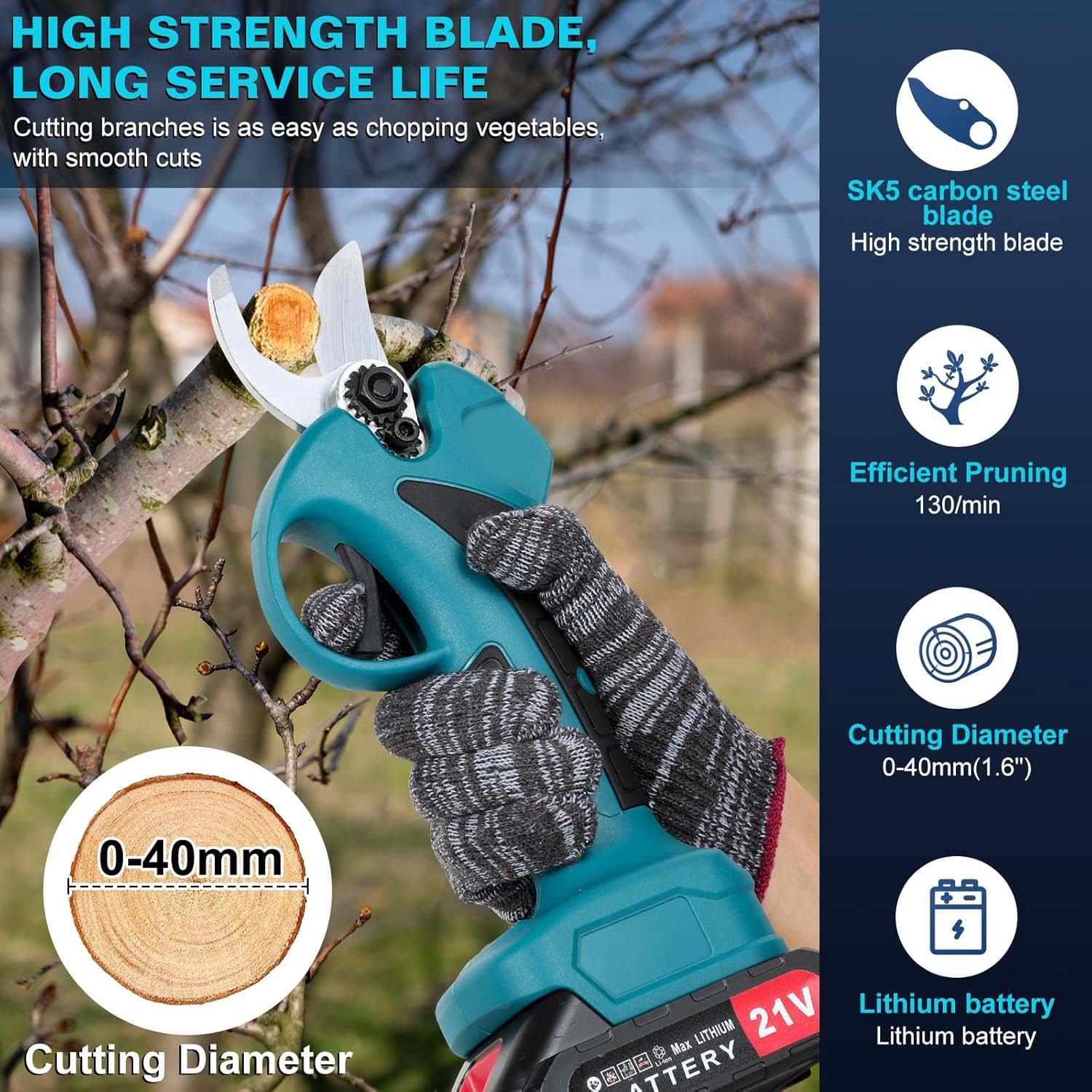 Cordless Electric Pruning Shears with 1.6 Inch Cutting Diameter. Battery powered branch cutter & tree trimmer with rechargeable lithium battery.