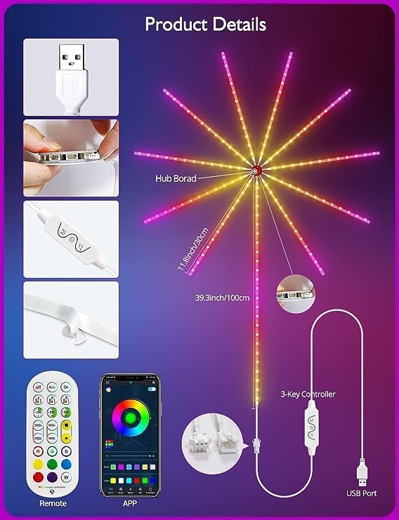 Smart Firework| USB Powered Room Decor | Color Changing Fireworks LED with Launch Burst Effect & RGB Strip Lights for Bedroom | Remote & App Control