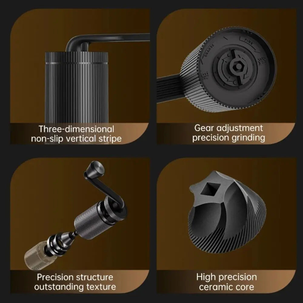 Portable Coffee Grinder with Ceramic Conical Burr. Double bearing internal adjustment for espresso, French press & pour over. 25g capacity.