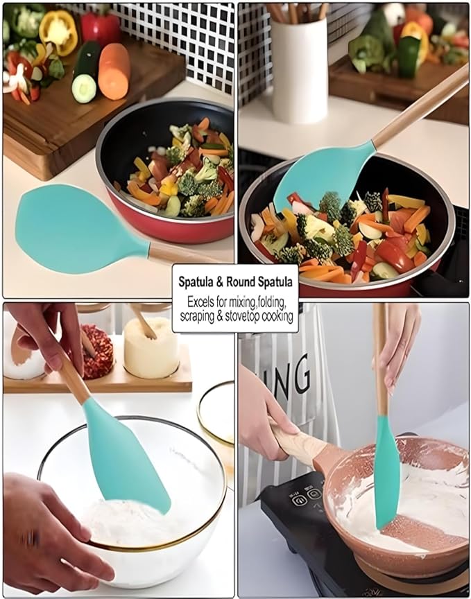 19-Piece Silicone Cooking Utensils & Knife Set with Block | Includes 11 Silicone Utensils, 5 Stainless Steel Knives, Scissors, Cutting Board | Teal