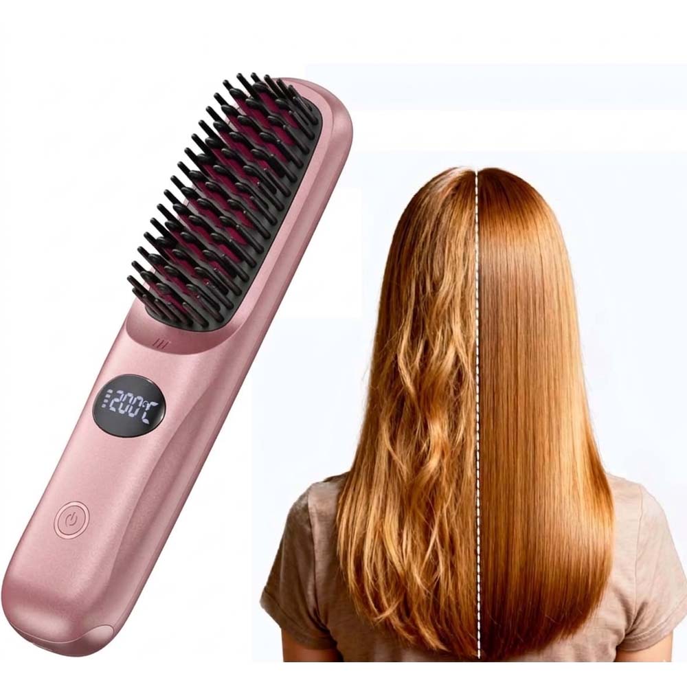 Cordless Hair Straightener Brush. USB rechargeable mini hot comb with negative ions, LED display & travel-safe design Pink -Colour