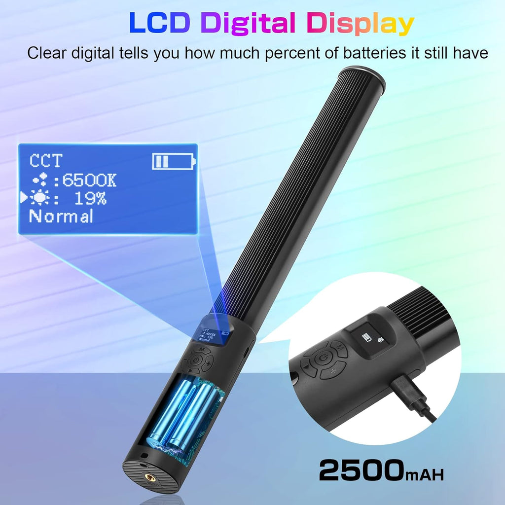 FM-128 RGB LED Light Wand - Adjustable Brightness & Color (2500K-6500K), 12 Light Scenes, Built-in Battery for Photography/Vlogging