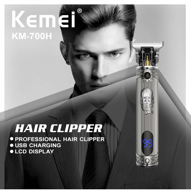 KM-700H Professional Cordless Hair Clipper. LCD display, 1500mAh USB rechargeable, adjustable blades & metal body for barbers.