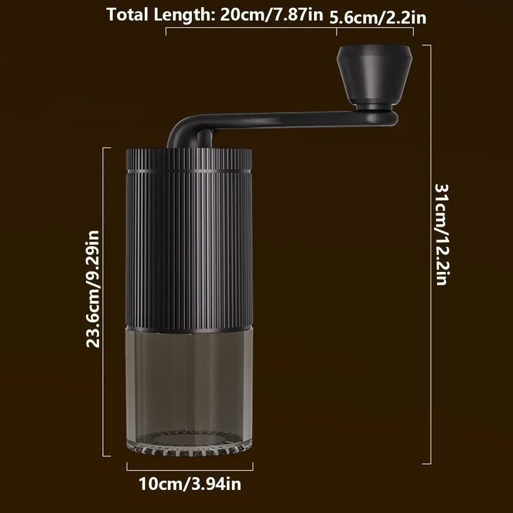 Portable Coffee Grinder with Ceramic Conical Burr. Double bearing internal adjustment for espresso, French press & pour over. 25g capacity.