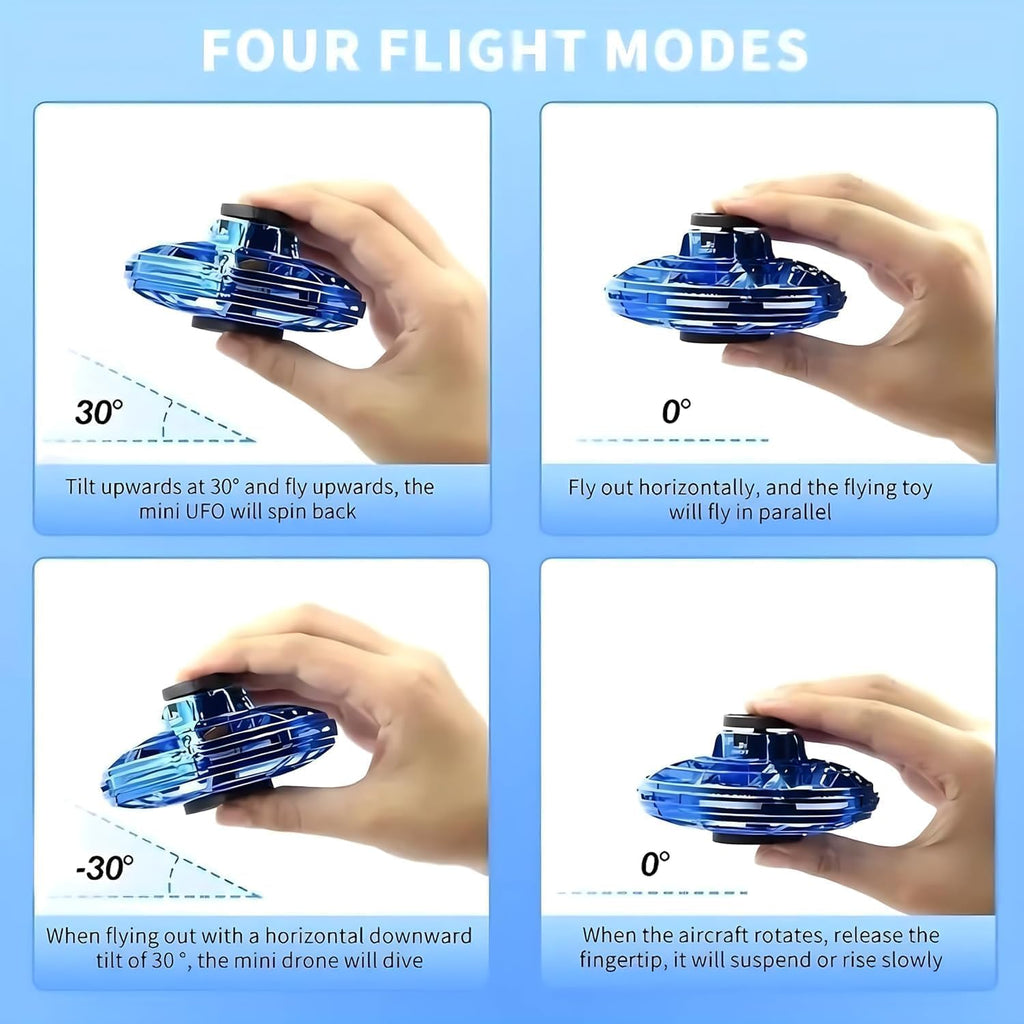 UFO Hand Controlled Mini Drone LED flying fidget spinner with 360° rotation. USB rechargeable toy for boys & girls.
