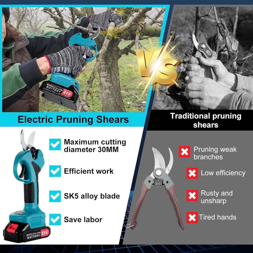 Cordless Electric Pruning Shears with 1.6 Inch Cutting Diameter. Battery powered branch cutter & tree trimmer with rechargeable lithium battery.