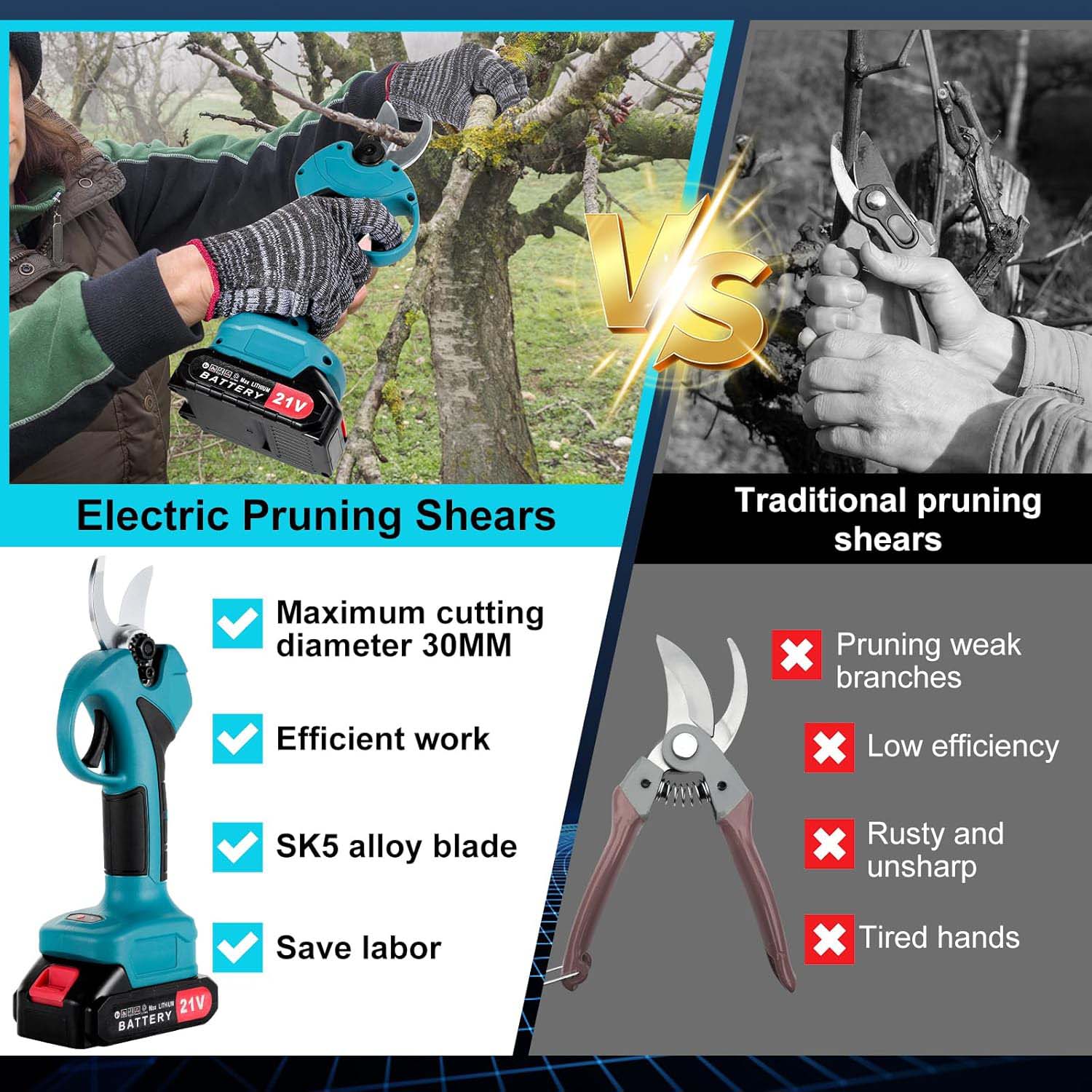 Cordless Electric Pruning Shears with 1.6 Inch Cutting Diameter. Battery powered branch cutter & tree trimmer with rechargeable lithium battery.