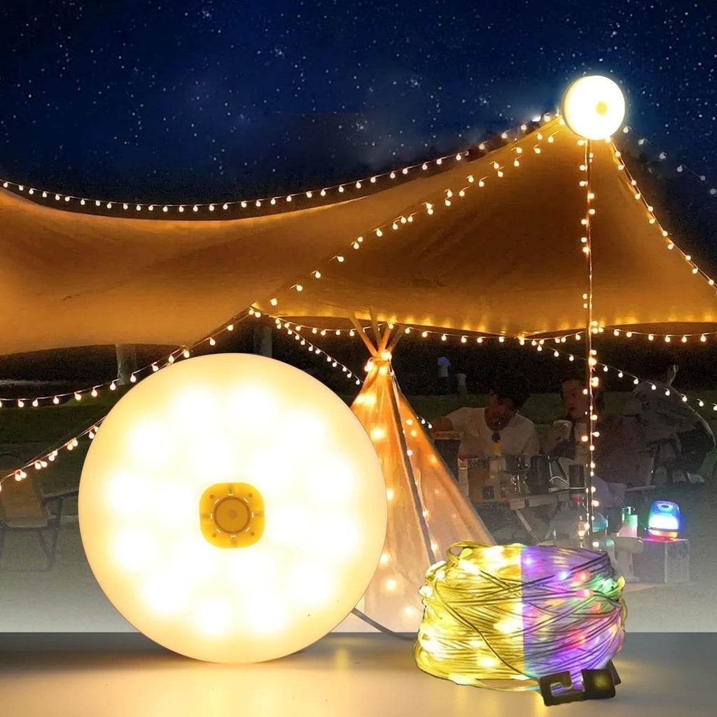 YD-2314 8M Outdoor Waterproof String Lights. Portable stowable reel with USB rechargeable for camping, RV, garden & patio.
