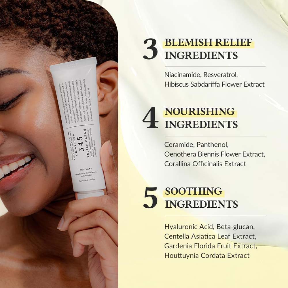 345 Relief Cream - Daily Face Moisturizer with Niacinamide & Panthenol, Soothing Blemish Care, Vegan Korean Skincare, 1.69oz
