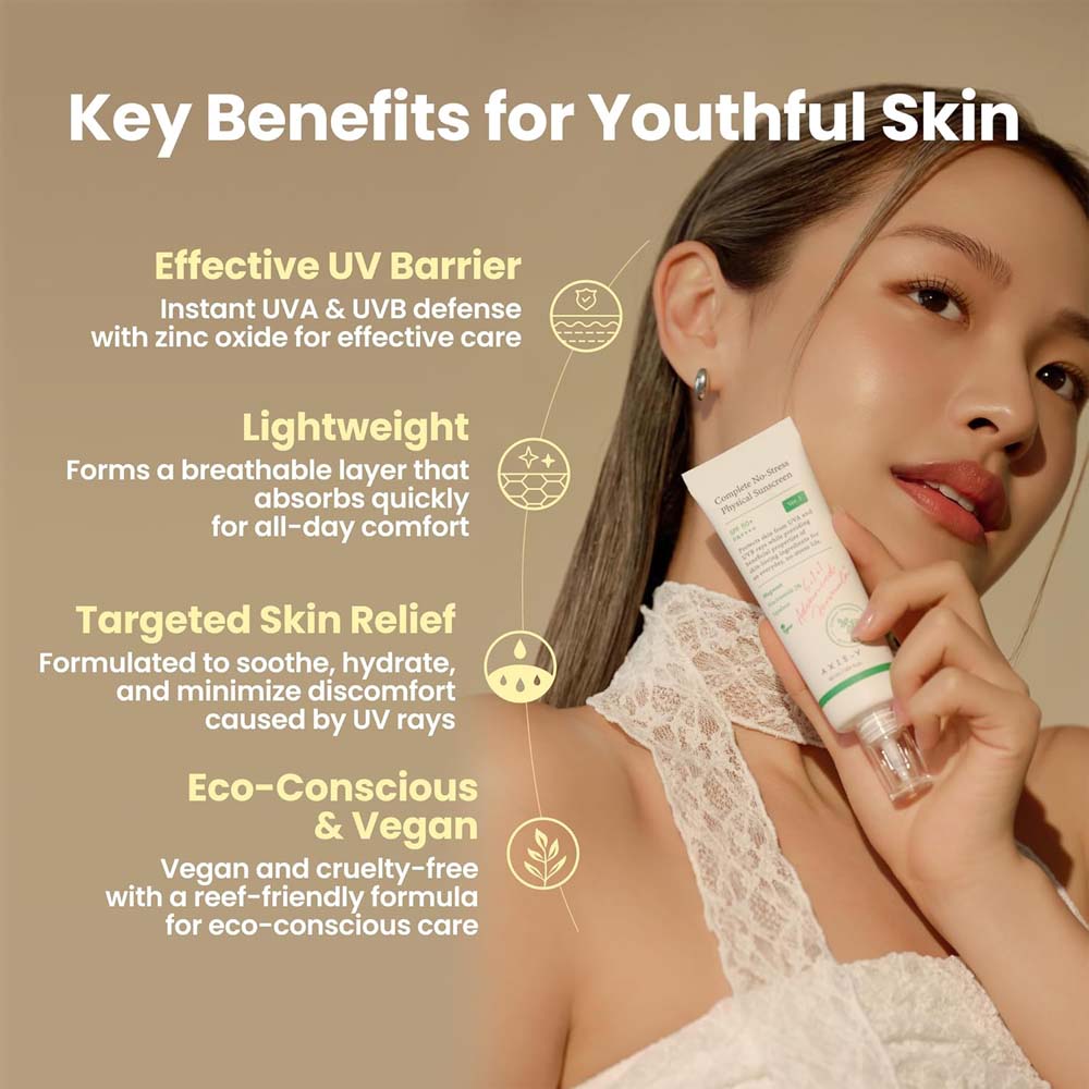 AXIS-Y No-Stress Physical Sunscreen V3. SPF 50 mineral sunblock with Niacinamide for sensitive, acne-prone skin. Vegan Korean skincare.