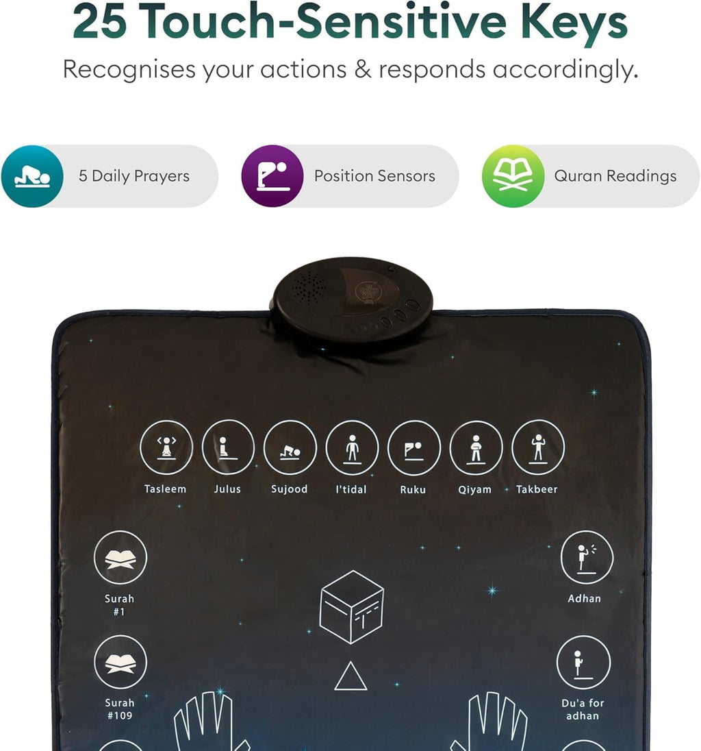 Smart Interactive Prayer Mat for Adults & Reverts. 25 touch keys, speaker & padded layer for learning Salah, Surahs & Duas. Ages 8+