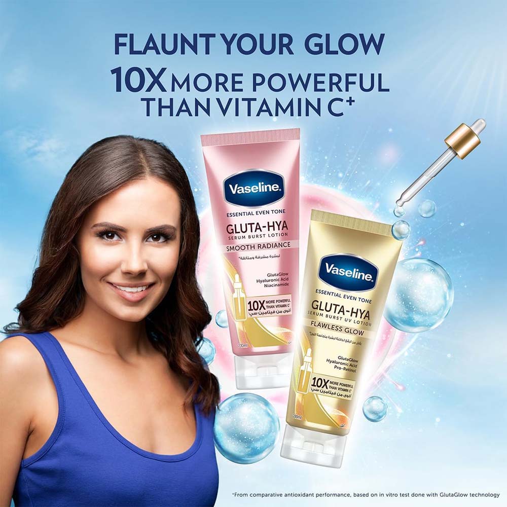 Vaseline Essential Even Tone Body Lotion Smooth Radiance with Gluta-Hya Serum Burst – 10X Vitamin C Power, Deep Moisturizing & Brightening, 200ml