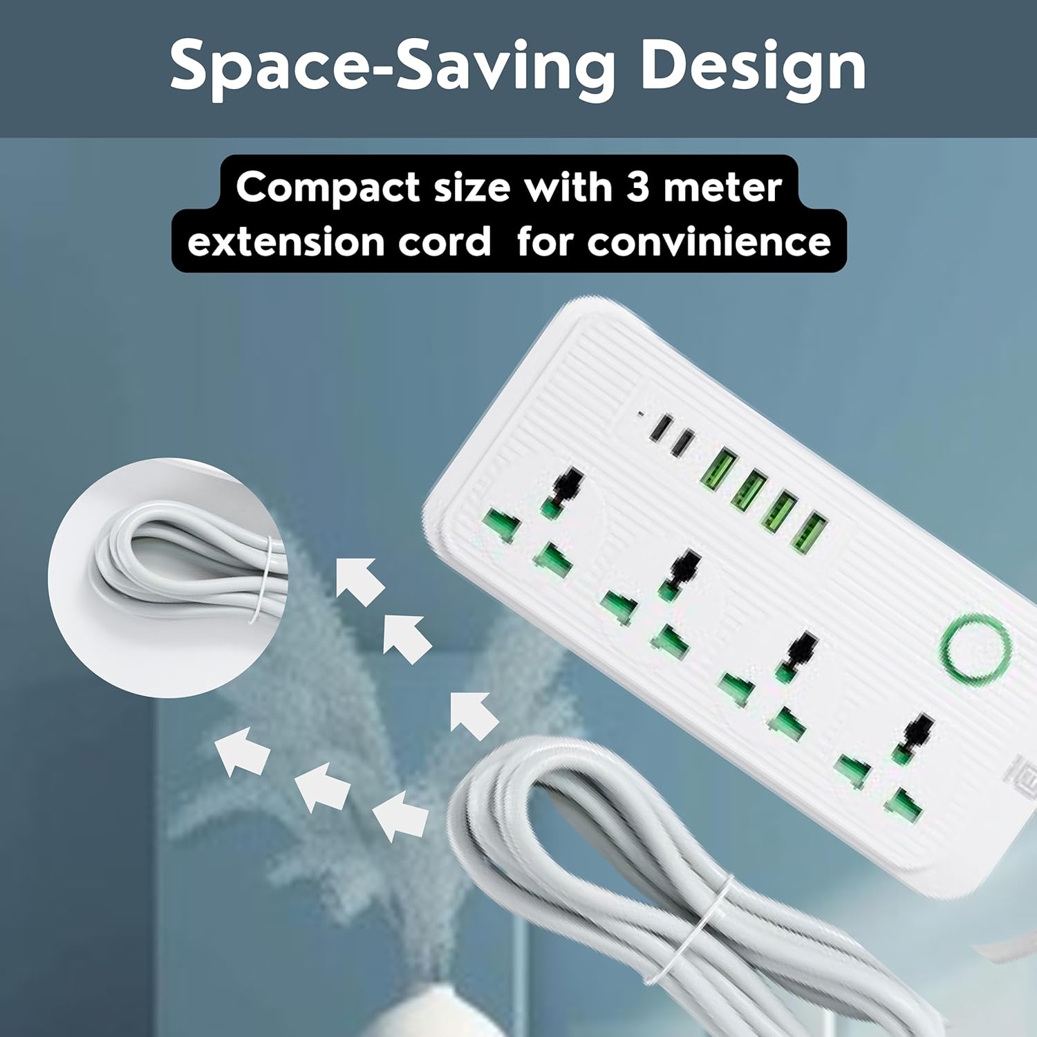 Multi-Plug Universal Extension Cord with 4 USB Ports, 4 Outlets, 2 Type-C Ports, Surge Protector, 10A UK Plug, 3M Power Extension Cable for Home & Office