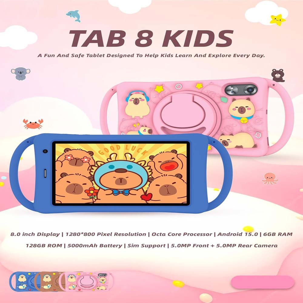 TAB 8 Kids Tablet 8-Inch HD IPS Display, Android 15, 6GB RAM, 128GB Storage, 5000mAh Battery, Dual Camera, SIM Support with Shockproof Case