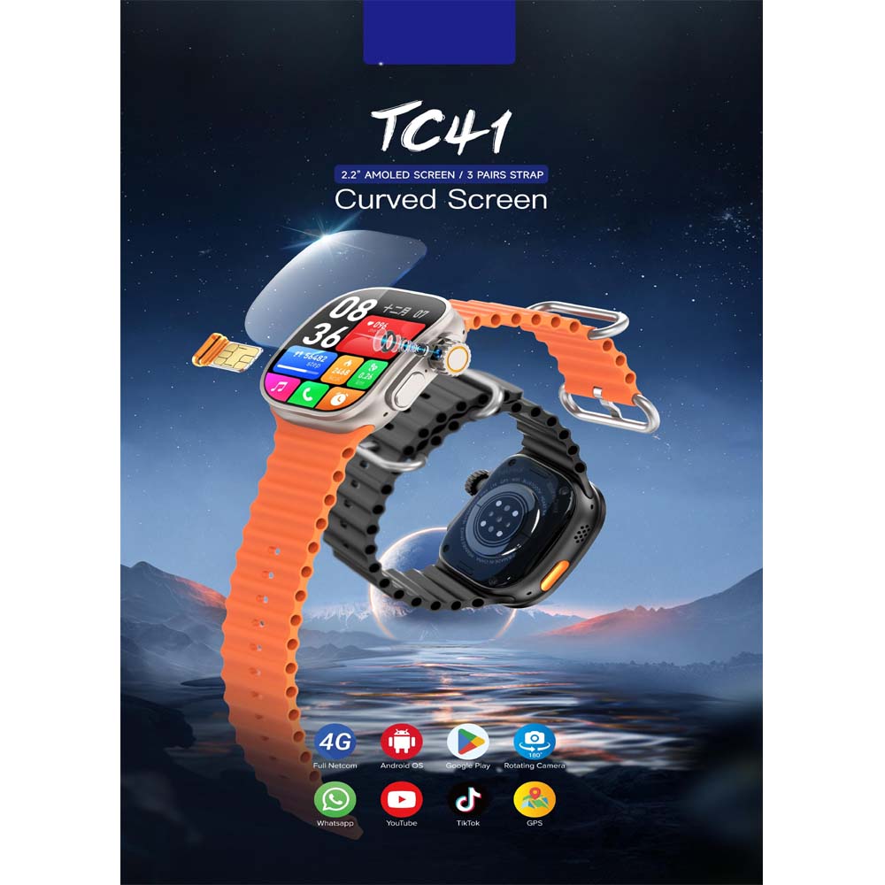 TC41 Curve Smartwatch - 2.01" AMOLED, AI Assistant, Bluetooth Calls, Wireless Charging, IP68, Fitness Tracker (Black)