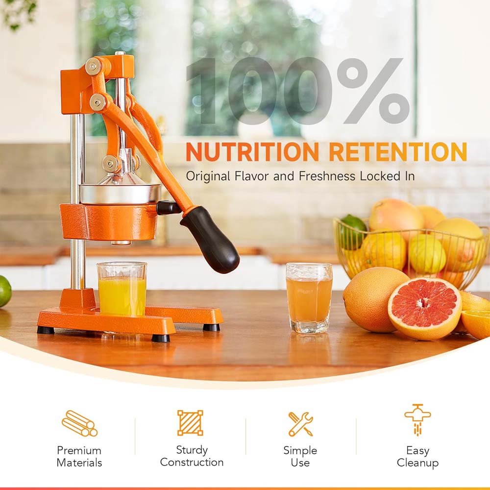 Hand Press Manual Citrus Juicer. Professional orange juicer & lemon squeezer for fresh juice. Easy to clean commercial-grade press.