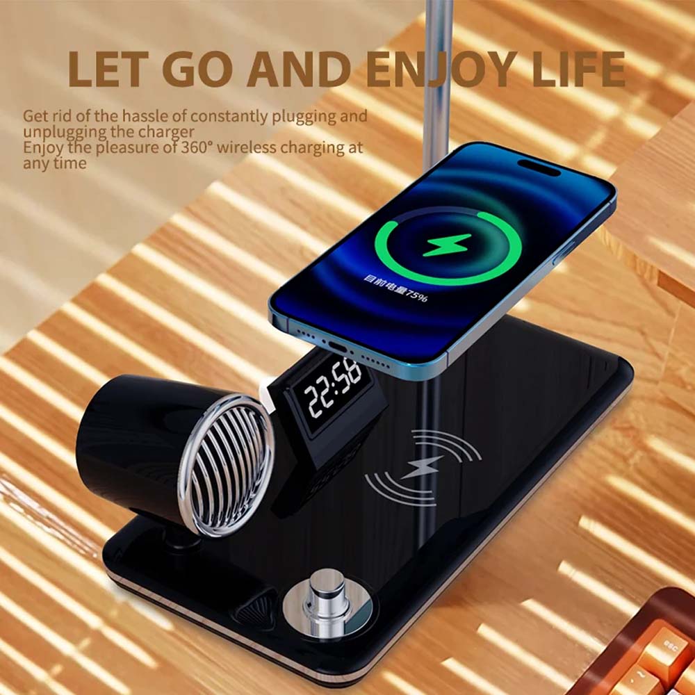 LED Desk Lamp with Wireless Charger, Bluetooth Speaker, Clock & Night Light - Modern Multifunctional Touch Control Design