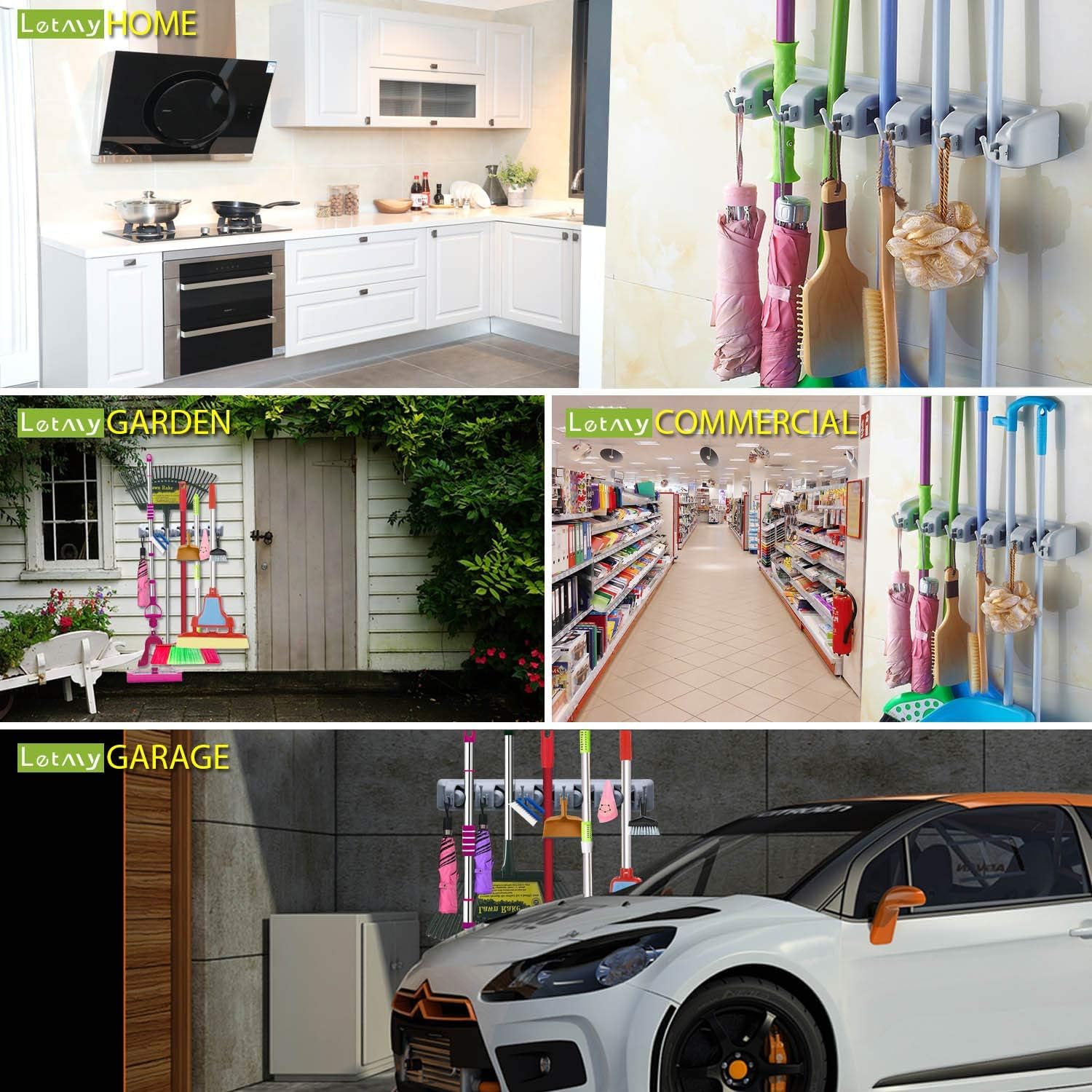 Tool Holder with Wax Handlebar | Wall-Mounted Mop Holder with 6 Hooks & 5 Quick-Release Clamps | Organize Mops, Brooms, and Tools