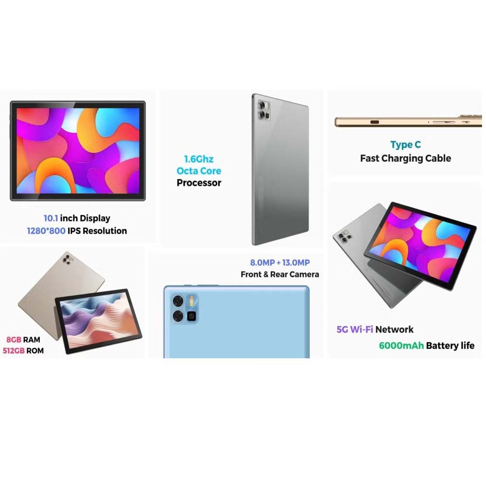 NEW TAB 12 Pro 10.1 Inch Android Tablet – IPS LCD, 8GB RAM + 512GB ROM, 5G Dual SIM, SD Card Support, 6000 mAh Battery, 8MP Front + 13MP Rear Camera, Octa Core 1.6GHz Processor, Android 13, Includes Keyboard, Touch Pen, OTG, and Flip Case